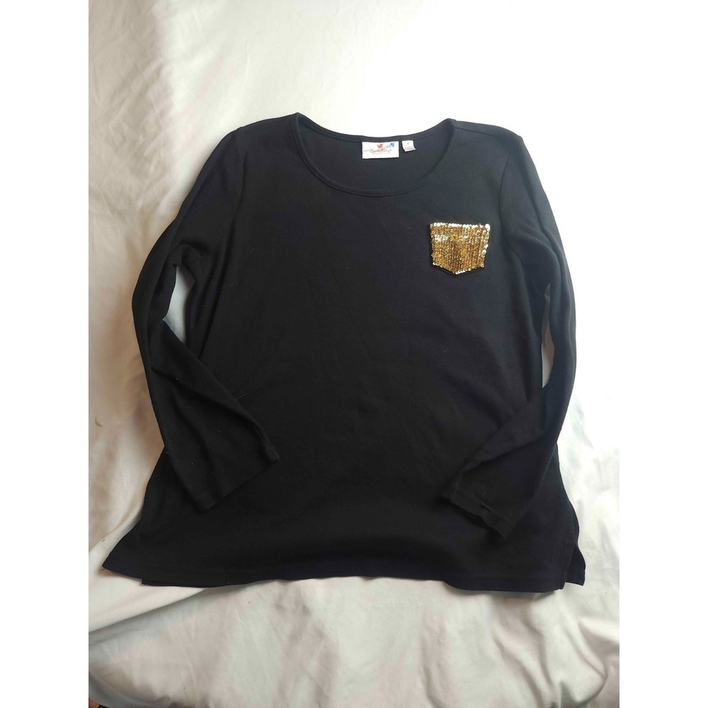 Quacker Factory Sequin Pocket Shirt Women Medium Black Top Classic Preppy Casual